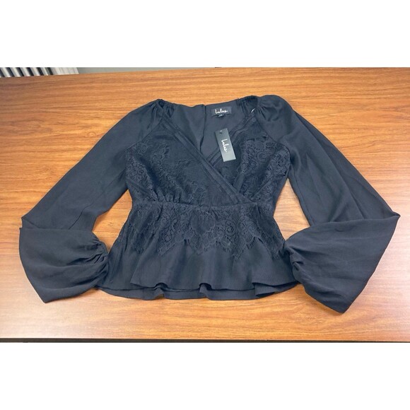 Lulu's Small Peasant Chiffon Lace Surplice Blouse Top Cropped Black Cocktail NWT - Picture 4 of 10